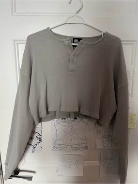 Women's Light Gray Cropped Waffle Henley Sweater